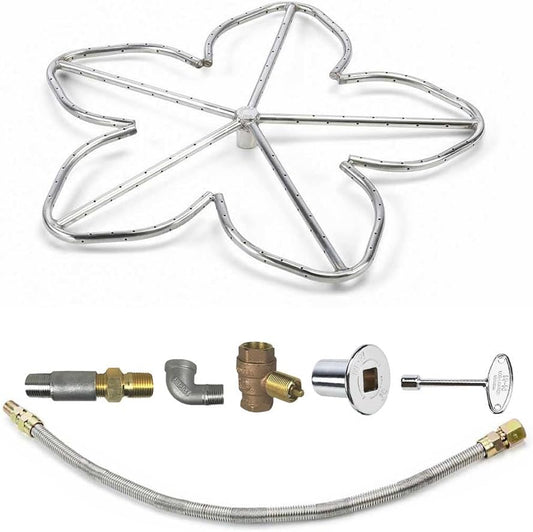 HPC Penta Match Lit Fire Pit Burner Kit (FPS-PENTA18KIT-LP-MSCB) with 18-Inch Stainless Steel Burner, Propane, Polished Chrome, with Flange, Key, Valve, Flex Line and Fittings