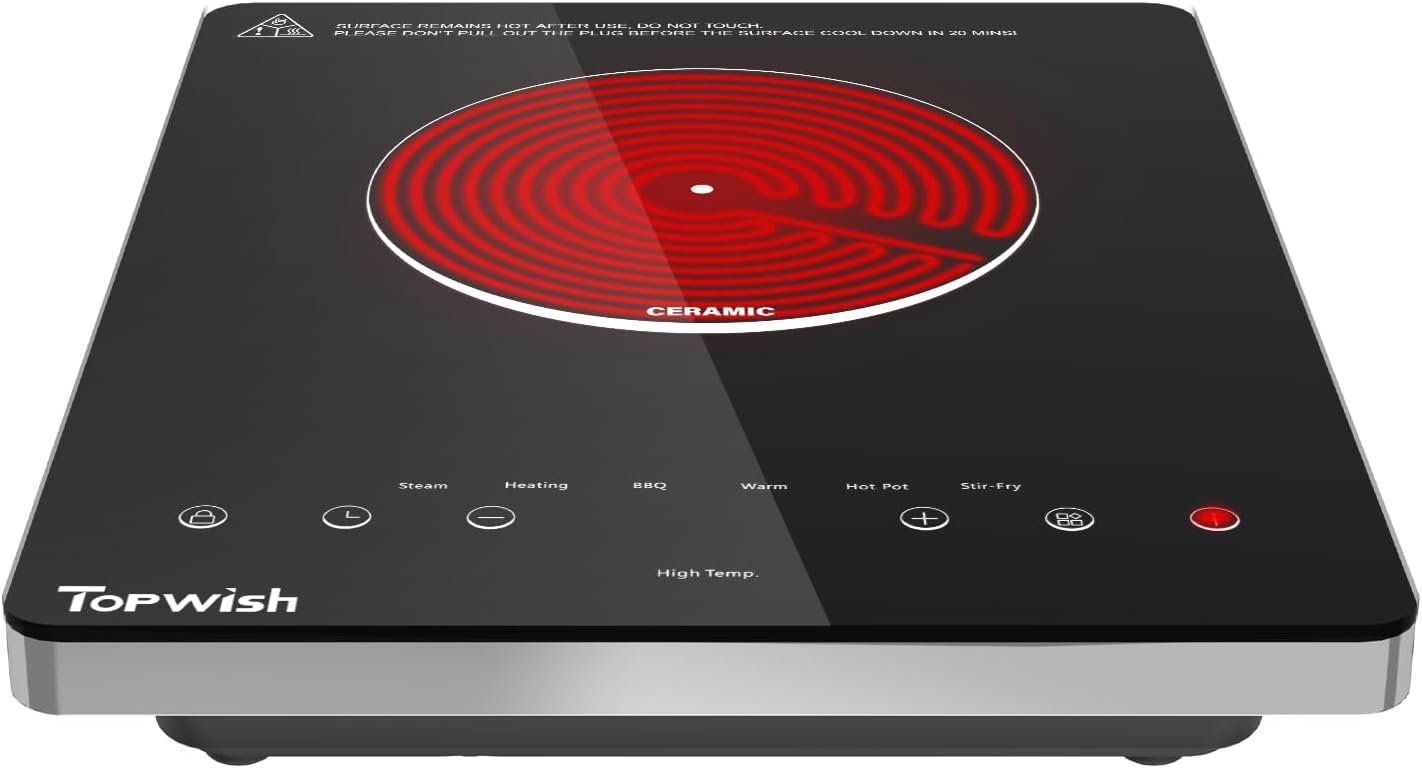 Electric Cooktop, TOPWISH 110-120V Electric Stove Top Single Burner Cooktop LED Touch Control, Child Lock, 10 Power Level, Residual Heat Indicator, 1300W Plug in Glass Countertop Burner for Cooking