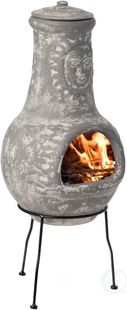 Outdoor Clay Chiminea Fireplace Sun Design Wood Burning Fire Pit with Sturdy Metal Stand Barbecue Cocktail Party Cozy Nights Fire Pit Stone Gray