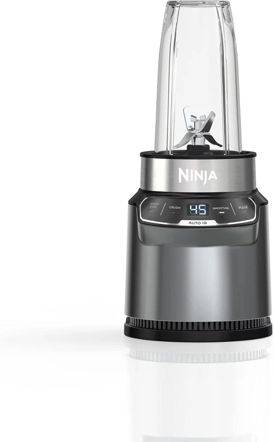 Ninja BN400 Nutri Pro Compact Personal Blender, Auto-iQ Technology, 1000-Watts, for Frozen Drinks, Smoothies, Sauces & More, with 18-oz. & 24-oz. To-Go Cups & Spout Lids, Stone Silver (Renewed)