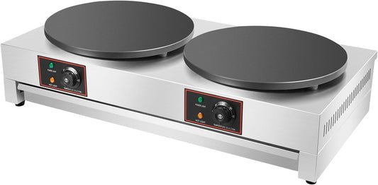Commercial Electric Crepe Maker Machine, 110V Double Burner Pancake Baking Machine Precise Temperature Control Skillet for Pancakes, Adjustable Temperature 50-300℃(122-572℉), Includes Batter Spreader