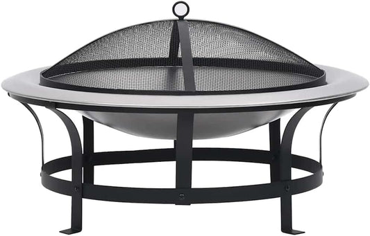 Outdoor Fire Pit with Grill, 29.9" Stainless Steel Bowl, Portable Wood Burning Fireplace for Patio, Backyard, Deck, Includes Poker and Fire Screen Lid