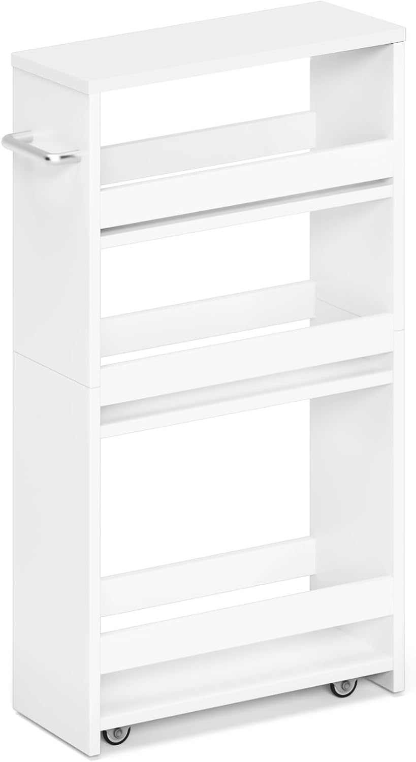 MARTY White Slim Storage Cart with Wheels, 4 Tier Rolling Utility Cart with Handle Slide Out Shelving Unit Organizer Trolley for Laundry Kitchen Bathroom Narrow Places Small Corner