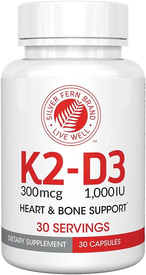 Silver Fern Vitamin K2-D3 Supplement Brand - Natural, Non-Synthetic - K2-7 as Menaquinone-7 (MK-7) - D3 as cholecalciferol - Bone, Heart & Energy Support (1 Bottle - 30 Capsules - 30 Servings)