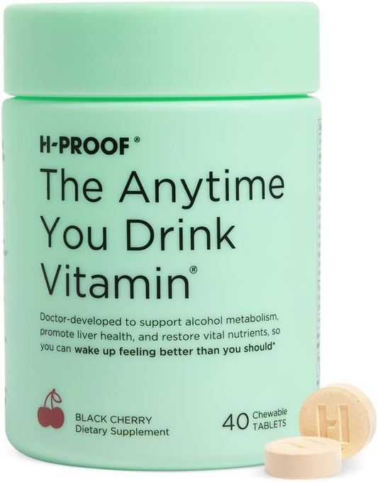 H-PROOF The Anytime You Drink Vitamin, Liver Health & Immunity Support with Electrolytes, Milk Thistle, and Vitamins B & C - 40 Chewable Tablets (20 Servings), Vegan, Black Cherry