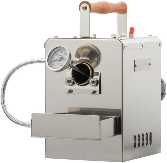 KALDI Motor Drive Type home coffee roaster, size(200g), Bi-metal thermometer, chaff tray included, hopper/sampler option, gas burner required, No thermocouples supported