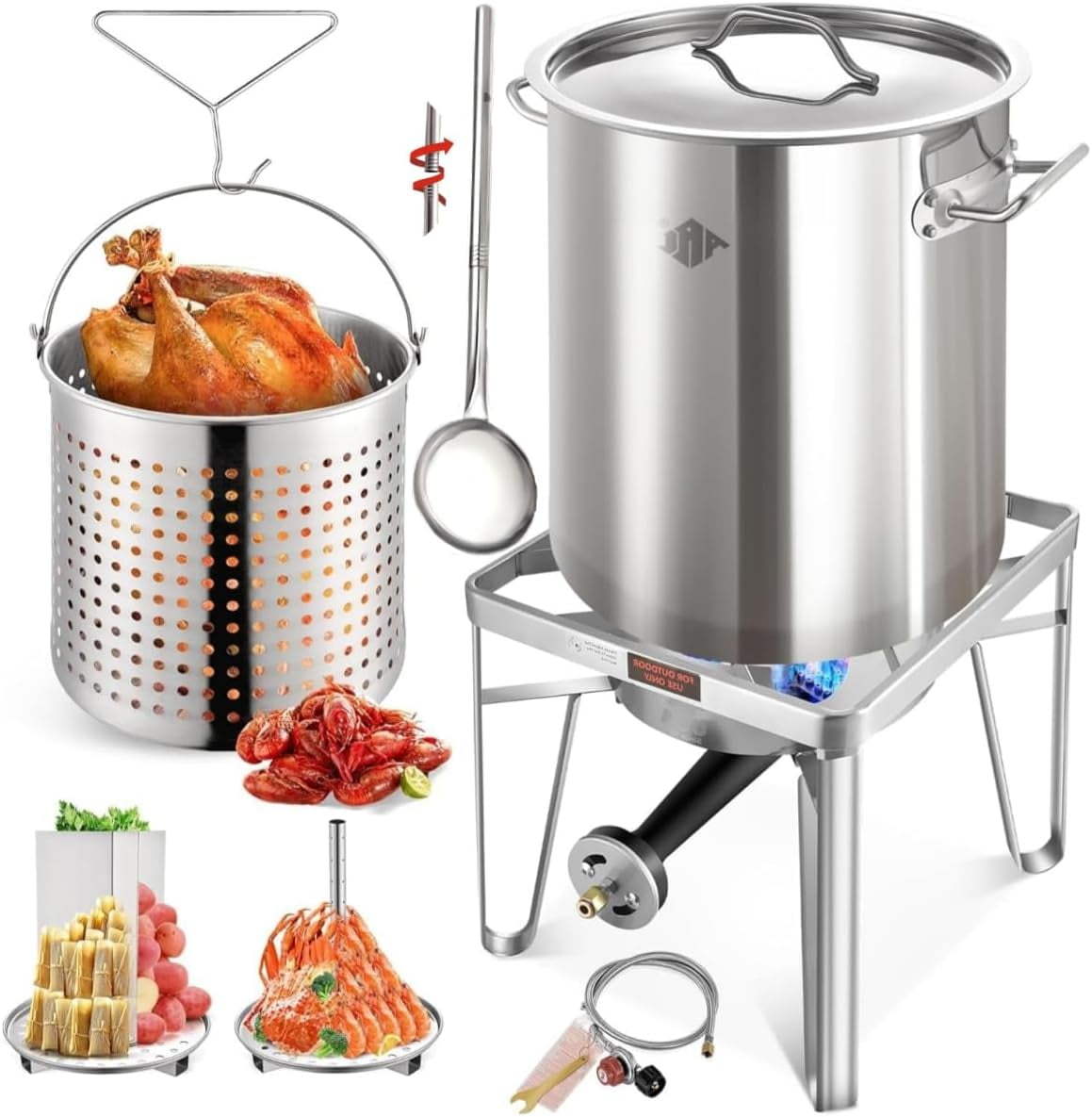 52QT Stainless Steel Turkey Fryer Pot with 36" Large Spoon, Propane Burners Kit, Tamale Steamer Pot with Basket, Steamer Rack, for Outdoor Cooking, Seafood Boil, Crawfish Boil, Home Brewing