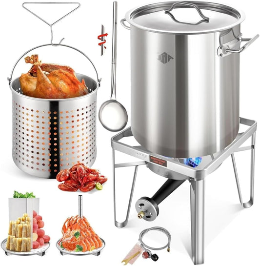 52QT Stainless Steel Turkey Fryer Pot with 36" Large Spoon, Propane Burners Kit, Tamale Steamer Pot with Basket, Steamer Rack, for Outdoor Cooking, Seafood Boil, Crawfish Boil, Home Brewing