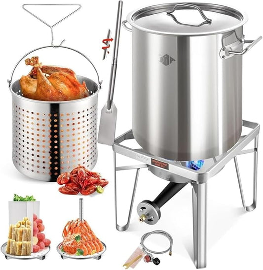 52QT Stainless Steel Turkey Fryer Pot with 36" Mixing Paddle, Propane Burners Kit, Tamale Steamer Pot with Basket, Steamer Rack, for Outdoor Cooking, Seafood Boil, Crawfish Boil, Home Brewing