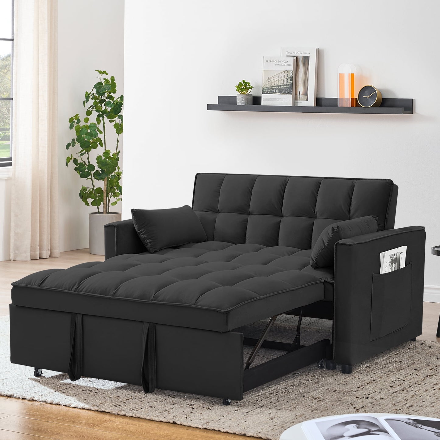 Convertible Sofa Bed,3-in-1 Sleeper Sofa with Pull Out Bed,Velvet Highly Elastic Sponge Futon Couch Loveseat with Adjustable Backrest and 2 Pillows for Living Room,Gray