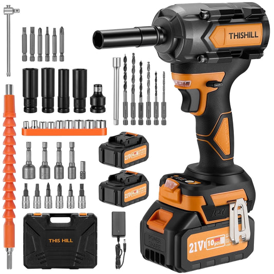Filluck 600N.m Heavy Cordless Impact Wrench, 3/4" To 1/2" High Torque, Impact Gun w/ 2 X 4.0Ah Battery & Tool Box, Pistola De Impacto for Car Truck RV Mower
