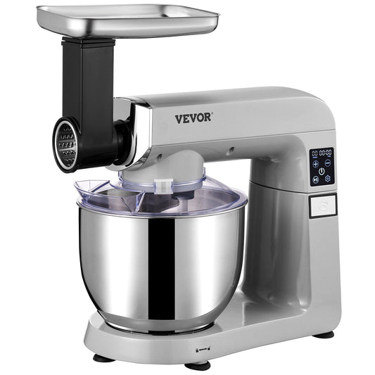 6 in 1 Stand Mixer, 450W Multifunctional Electric Mixer with Tilt-Head, 6 Speeds and LCD Screen Timing, 7.4Qt Stainless Bowl, Dough Hook, Flat Beater, Whisk, Scraper, Grinder, Stuffer, Slicer