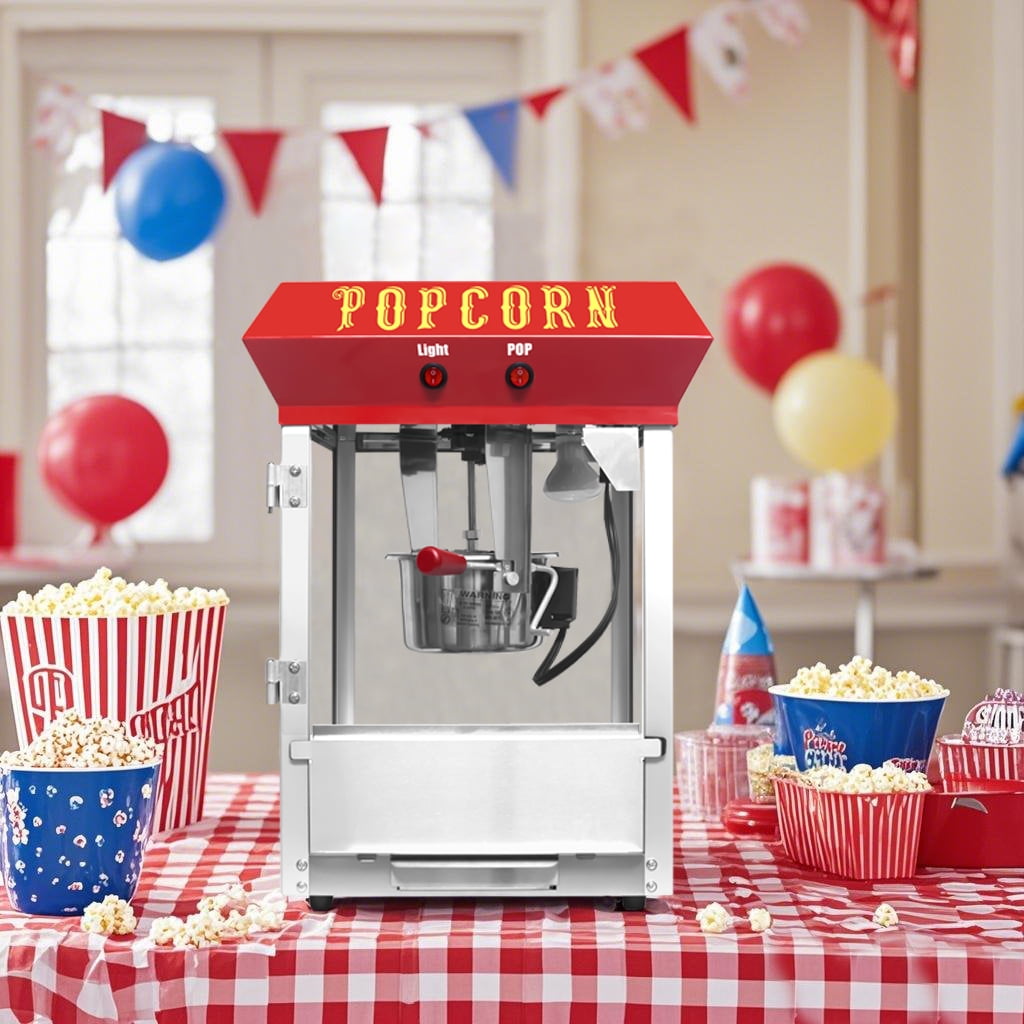 6-Ounce Kettle Stainless Steel Popcorn Maker with Tempered Glass, Countertop Popcorn Popper for Parties, Events, and Home Theater,Red