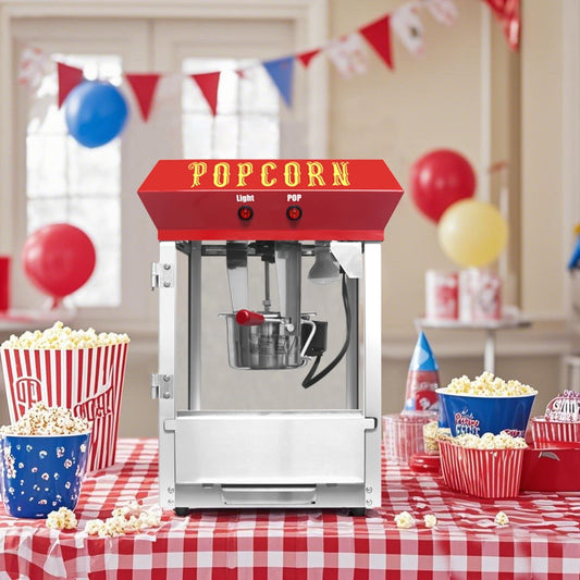 6-Ounce Kettle Stainless Steel Popcorn Maker with Tempered Glass, Countertop Popcorn Popper for Parties, Events, and Home Theater,Red