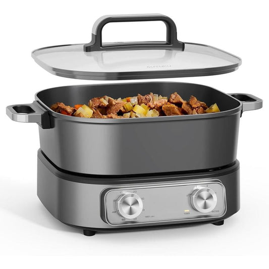 6-Quart Electric Hot Pot & Multi-Cooker, PFOA-Free Ceramic-Coated Non-Stick Electric Skillet with 3 Power Settings, Timer, 1600W for Family Meals & Daily Cooking