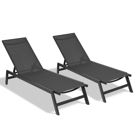 Bayfeve Patio Chaise Lounge Set of 2 Aluminum Frame Stationary Chaise Lounge Chair with Black Textilene fabric Sling Seat