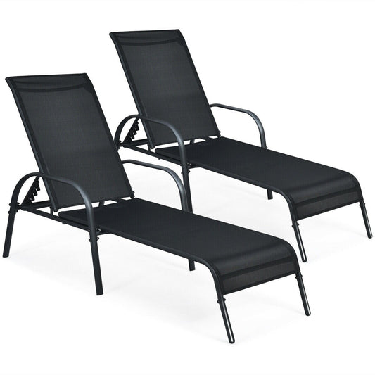 Forclover Patio Chaise Lounge Set of 2 Black Steel Frame Stationary Chaise Lounge Chair with Black Solid Seat