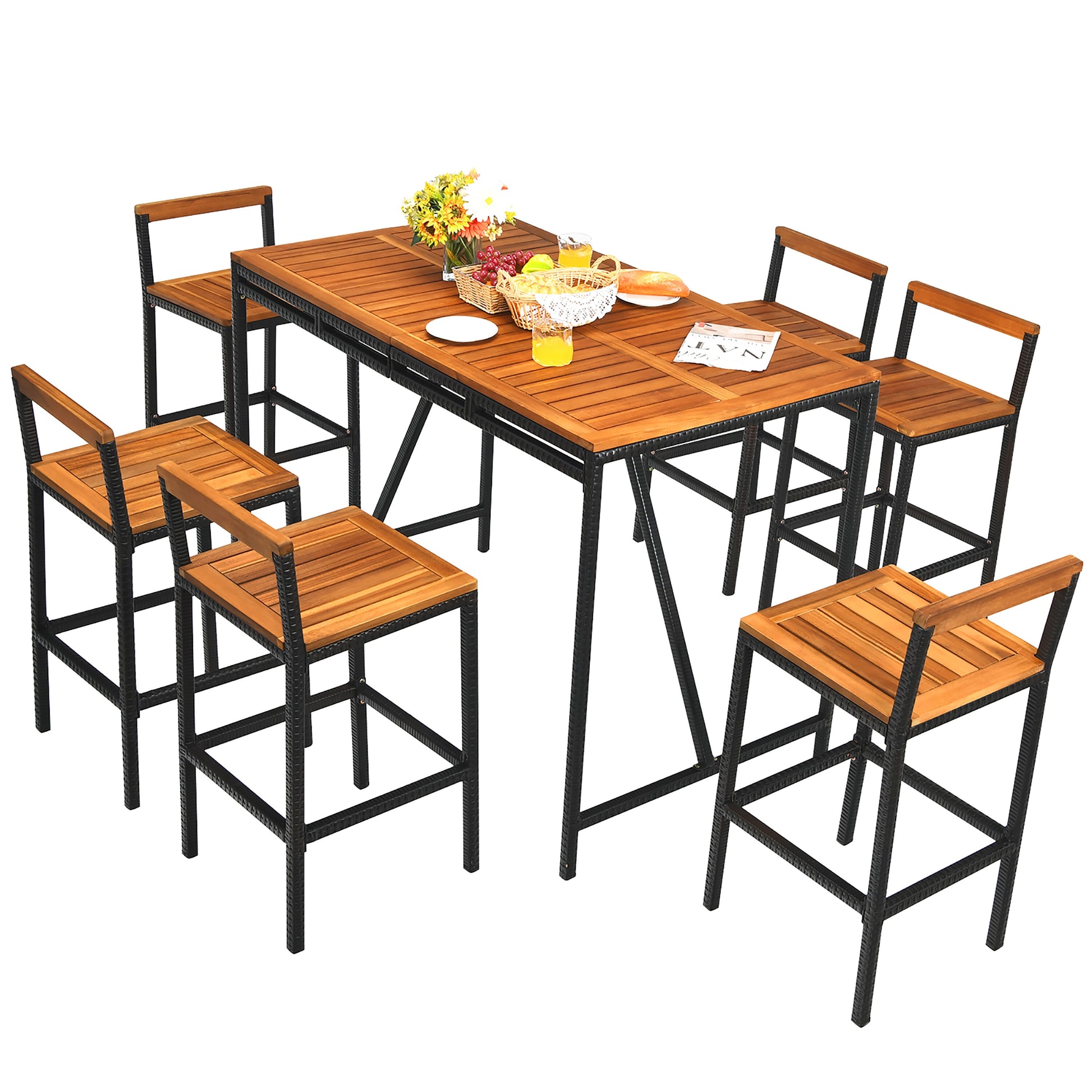 Costway 7 -Piece Tan Balcony Height Patio Dining Set Wood Square Table with 6 Stackable Stationary Chairs