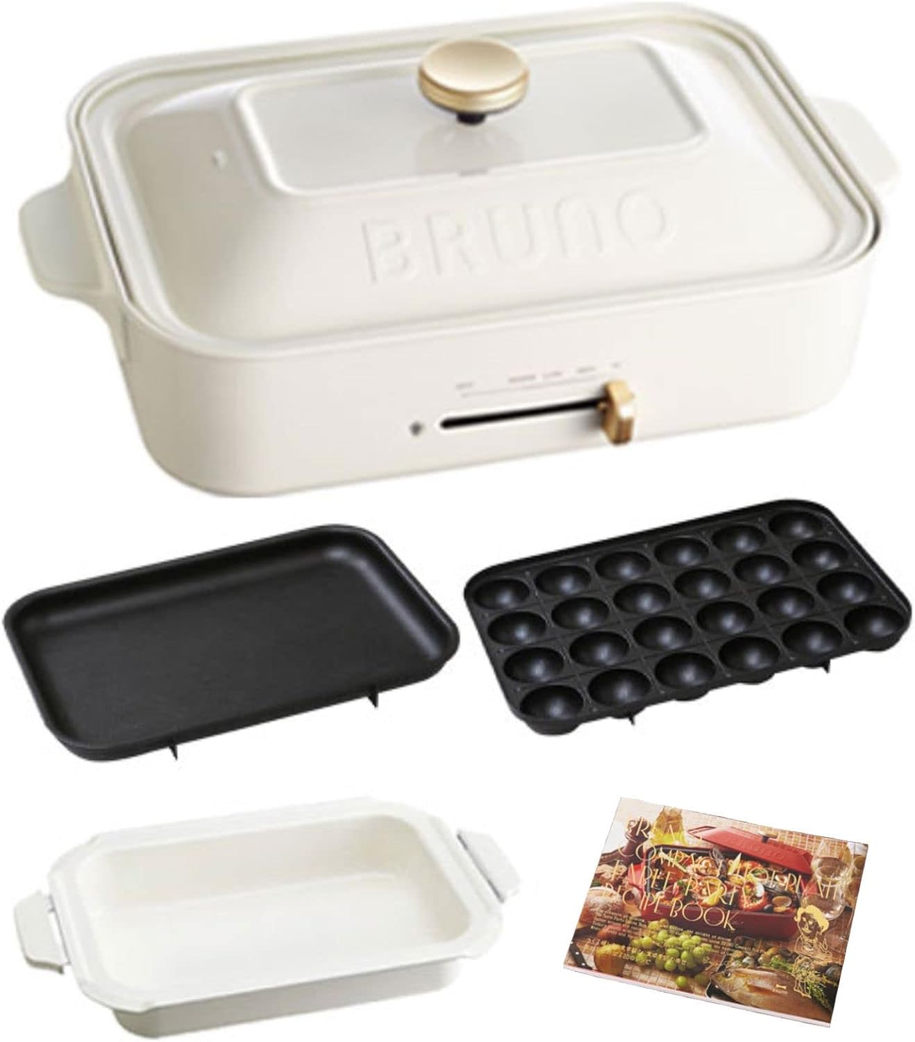 BRUNO Compact Hot Plate + Ceramic-Coated Pot + Grill Plate + Multi-Plate 4-Piece Set Red With Recipe Book