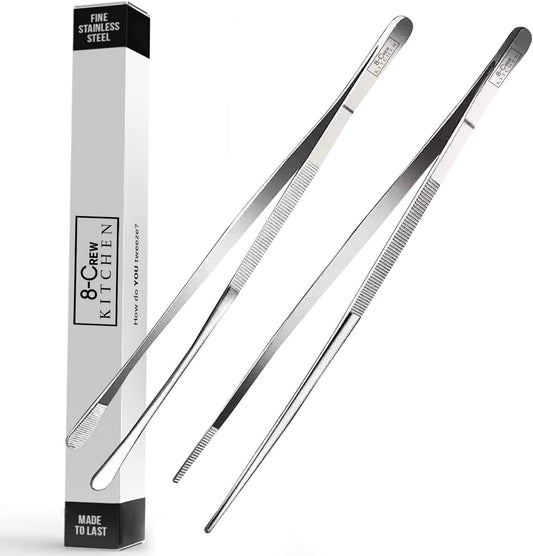 8-CREW KITCHEN Cooking Tweezers - 12 inch 304 Stainless Steel Set of 2 - Culinary Chef Tweezers for Multi-Purpose, Plating, Food Decorating & Bar