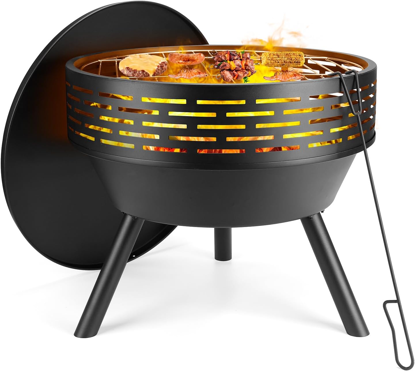 23 Inch Cast Iron Round Fire Pit with Grill, 3-in-1 Outdoor Fire Bowl, Fire Pit Table with Metal Lid and Fire Poker, Wood Burning Firepit for BBQ Bonfire Patio Picnic