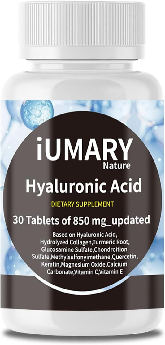 Hyaluronic Acid Supplements, 850mg High Bioavailable Dietary Hyaluronic Acid - Advanced Joint Support with Hydrolyzed Collagen, Turmeric, Glu-cosamine, MSM, Vitamin C \u2013 30 Tablets（Pack of 1）