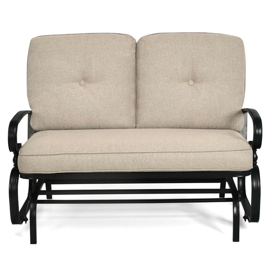 WELLFOR CW Glider Loveseat Black Steel Frame Glider Rocking Chair with Off-white Cushioned Seat