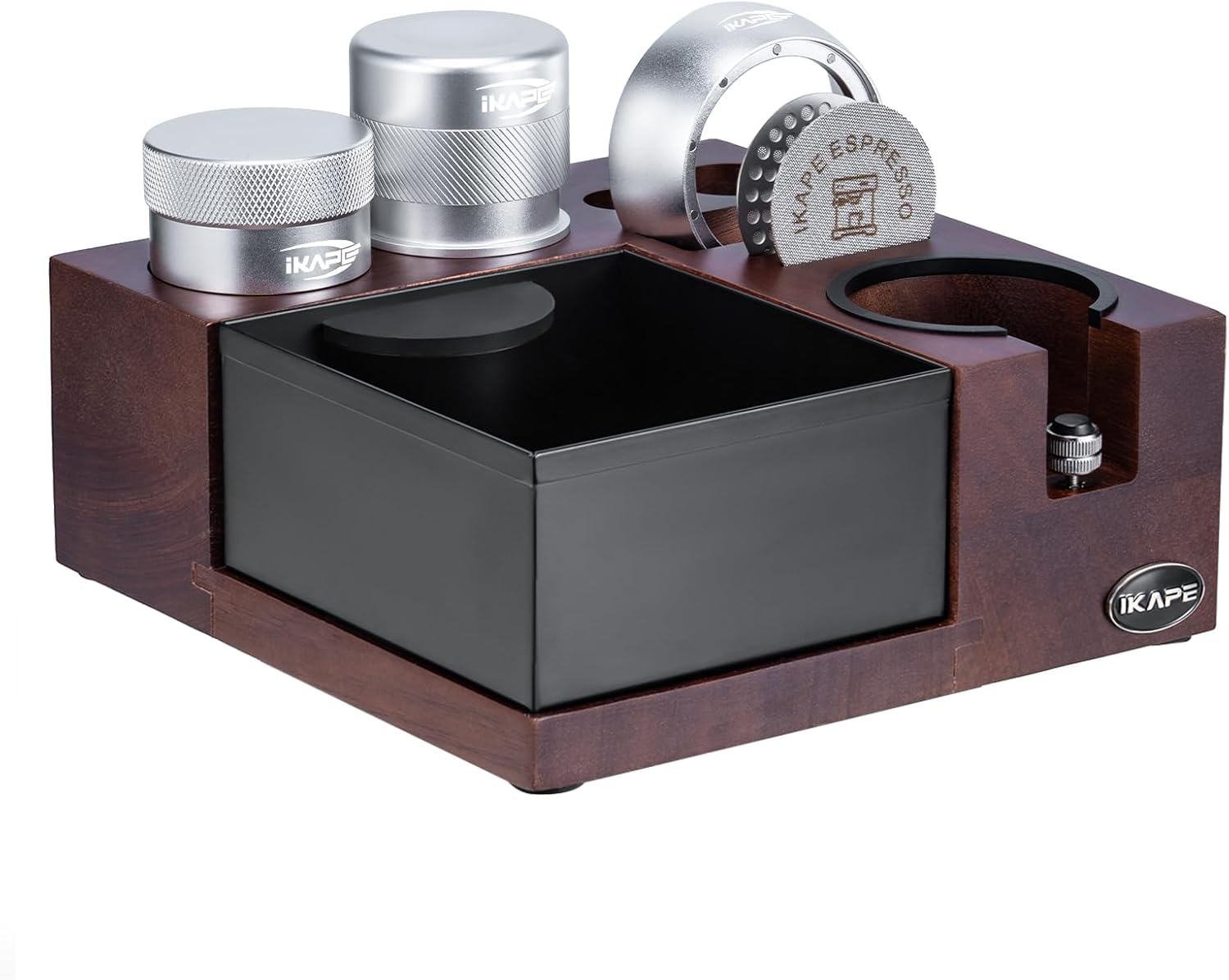IKAPE 53MM Espresso Tamper Kit 6 IN 1 Silver, Coffee Tamper, Gravity Espresso Distributor, Magnetic Dosing Funnel, Puck Screen 2pcs, Espresso Knock Box & Station 2 IN 1