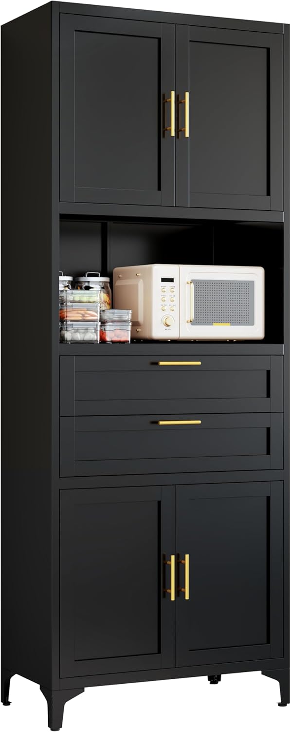 ZLBRDS 75\u201D Tall Kitchen Pantry Storage Cabinet, Metal Storage Cabinet with 2 Drawers and Adjustable Shelves, Kitchen Pantry Cupboard, Freestanding Cupboard for Bathroom, Living Room(Black)