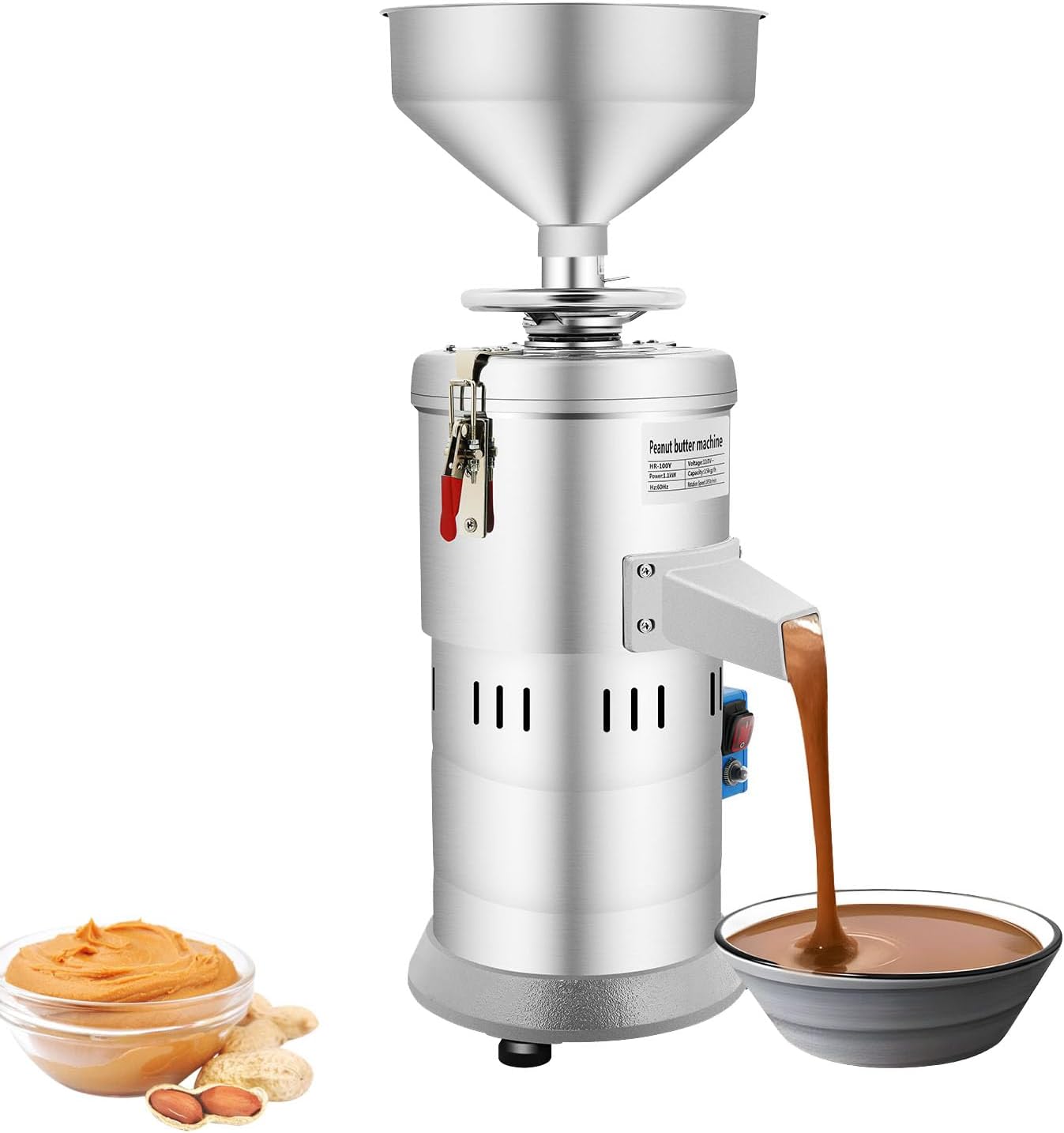 Electric Peanut Butter Maker Machine 33lb/h High-Speed Pulverizer Powder Machine Stainless Steel Commercial Superfine Grinding Machine 1100W 110V for Groundnut, Almond, Cashew Nut & Sesame