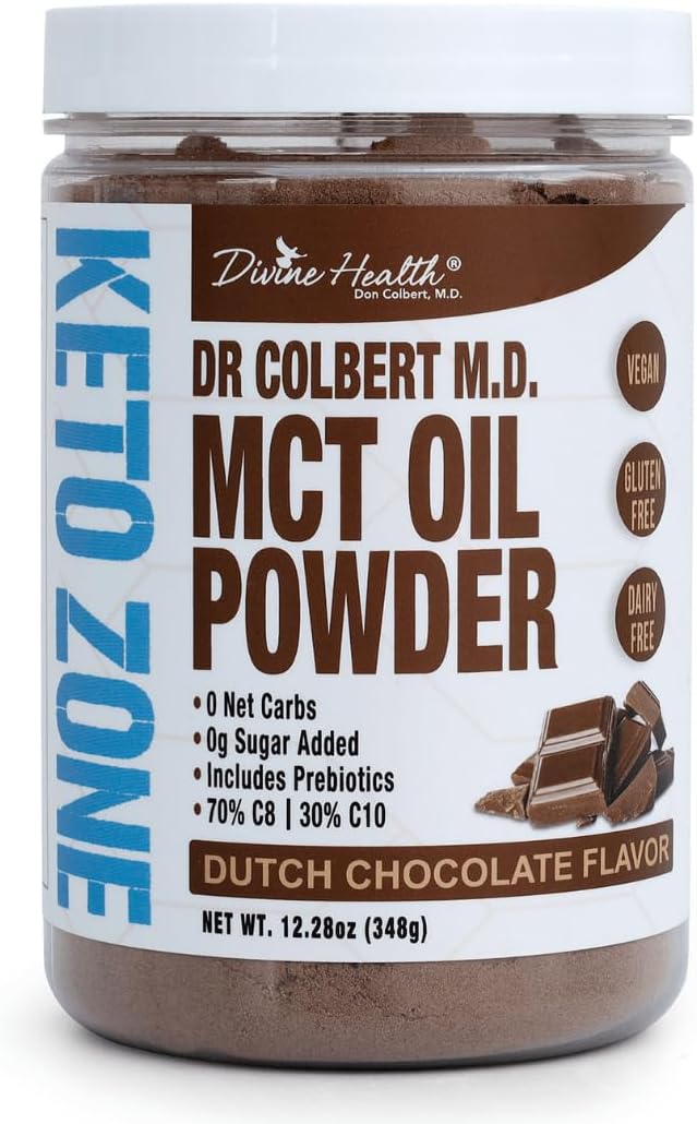 Divine Health Dr. Colbert's Keto Zone MCT Oil Powder | Dutch Chocolate Flavor | 70% C8 | 30% C10 | All Natural Keto Approved for Ketosis | 0 Net Carbs | Gluten Free | 30 Day Supply | 348g |
