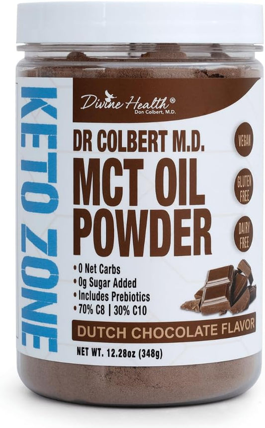 Divine Health Dr. Colbert's Keto Zone MCT Oil Powder | Dutch Chocolate Flavor | 70% C8 | 30% C10 | All Natural Keto Approved for Ketosis | 0 Net Carbs | Gluten Free | 30 Day Supply | 348g |