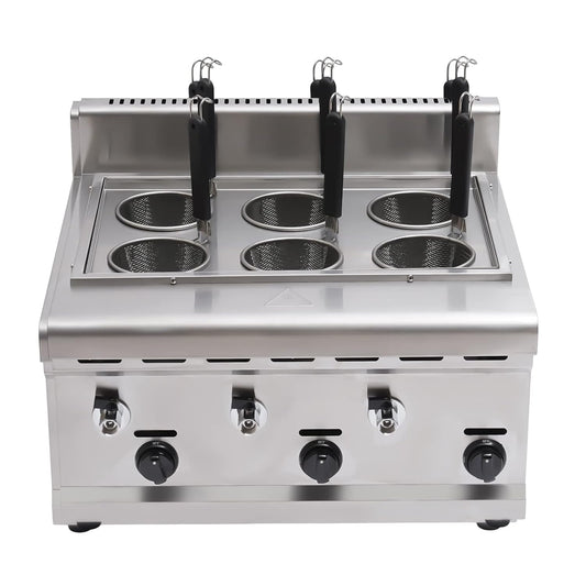 Commercial Pasta Cooker, 6 Holes Stainless Steel Noodle Cooking Machine, Gas Pasta Cooking Machine with 6 Mesh Filters and 3 Gas Knobs, Multifunctional Pasta Cooking Machine for Dumplings Noodles