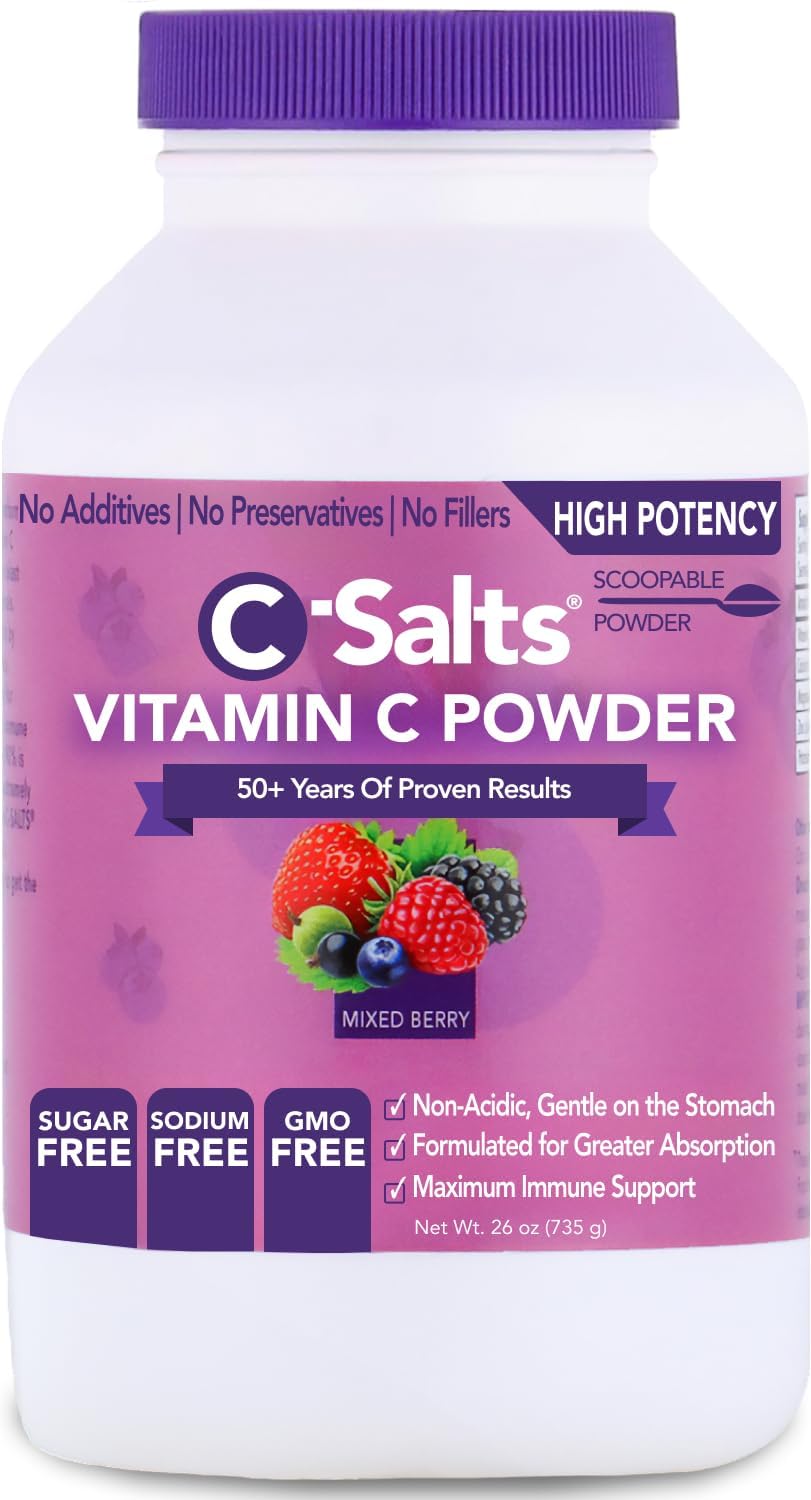 C-Salts Original Vitamin C Powder Supplement - 100% Pure High Dose Buffered Vitamin C Powder for Immune Support - Sugar-Free Powdered Drink Ascorbate, Organic, Stomach-Friendly, Mixed Berry 26oz