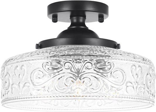 Daunton Semi Flush Mount Ceiling Light Fixture, Vintage Matte Black 3-Light Fixture with Etched Crystal Glass Shade for Kitchen,Hallway, Entryway, Bedroom (No E12 Bulbs Included)