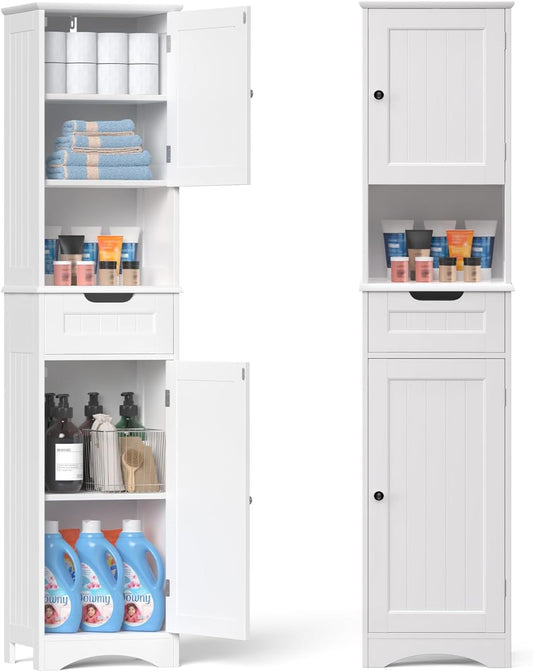 Gizoon 67" H Tall Bathroom Cabinet, Storage Cabinet with 2 Doors & Drawer, Narrow Linen Tower Freestanding Adjustable Shelves for Home, Kitchen, Versatile, Anti-Tipping, White