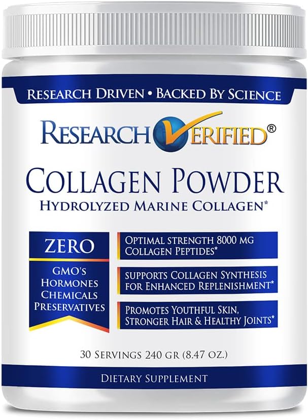 Research Verified® Collagen Powder - Hydrolyzed Marine Collagen - Unflavored - Skin Hydration and Elasticity, Muscle Recovery, Non GMO - 30 Scoops Per Container - 1 Month Supply