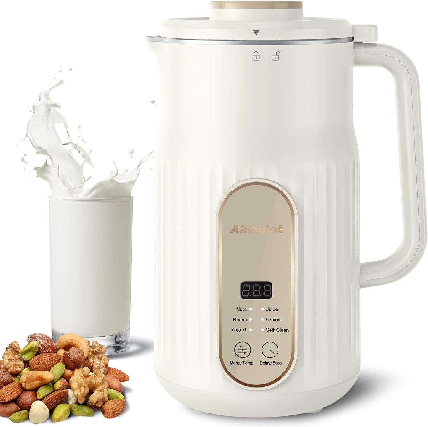 Nut Milk Maker, AlfaBot Automatic Nut Milk Maker, Almond Milk Machine,Plant-Based Milk, Oat, Soy, Yogurt, Delay Setting& Auto Clean