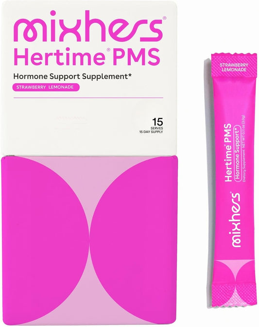 MIXHERS Hertime PMS - Supports Hormonal Health for Women - Supports a Healthy Menstrual Cycle - with Minerals, Peony Roots, Siberian Ginsen - Sugar-Free - 15 Drink Packets - Strawberry Lemonade