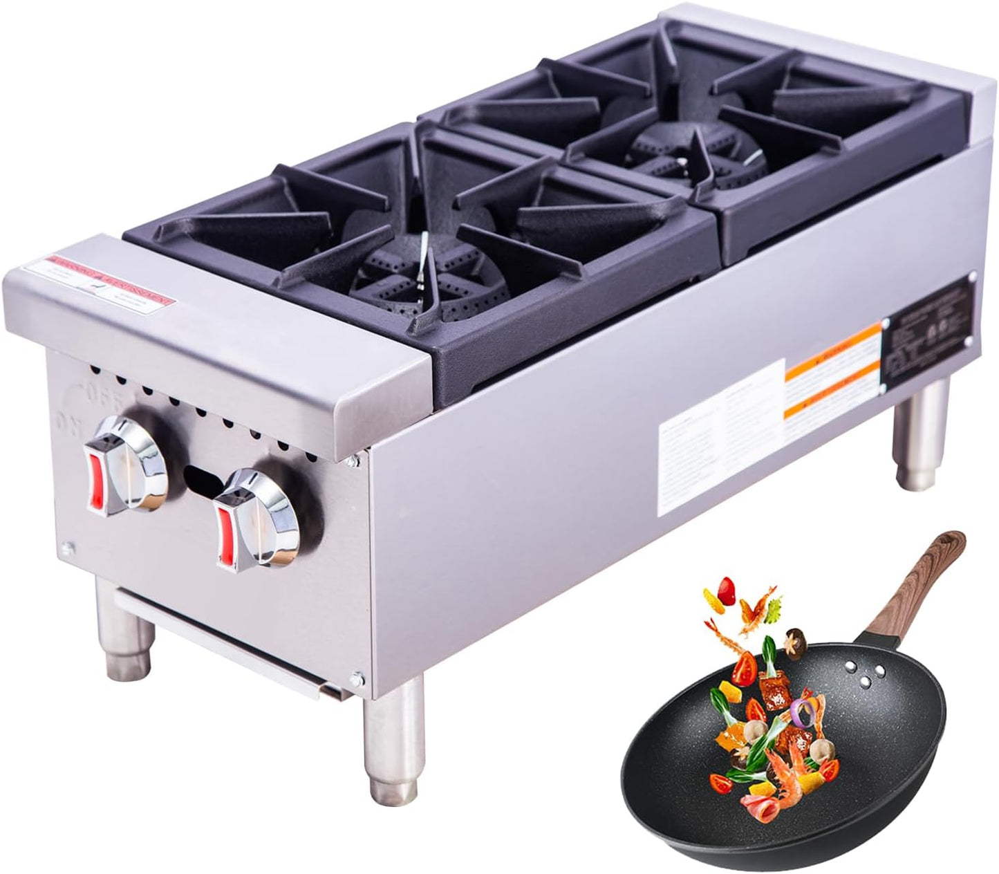 Commercial Gas Hot Plate, 12" 2-Burner 60,000 BTU Countertop Range, ETL Listed, Compact Stainless Steel Unit for Small Kitchen & Food Truck