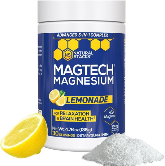 Magtein Magnesium L-Threonate, Glycinate & Taurate - MagTech Magnesium Powder - Sugar Free Lemonade Drink - 200mg Chelated Triple Complex - Supports Relaxation & Brain Health* - 30 Servings