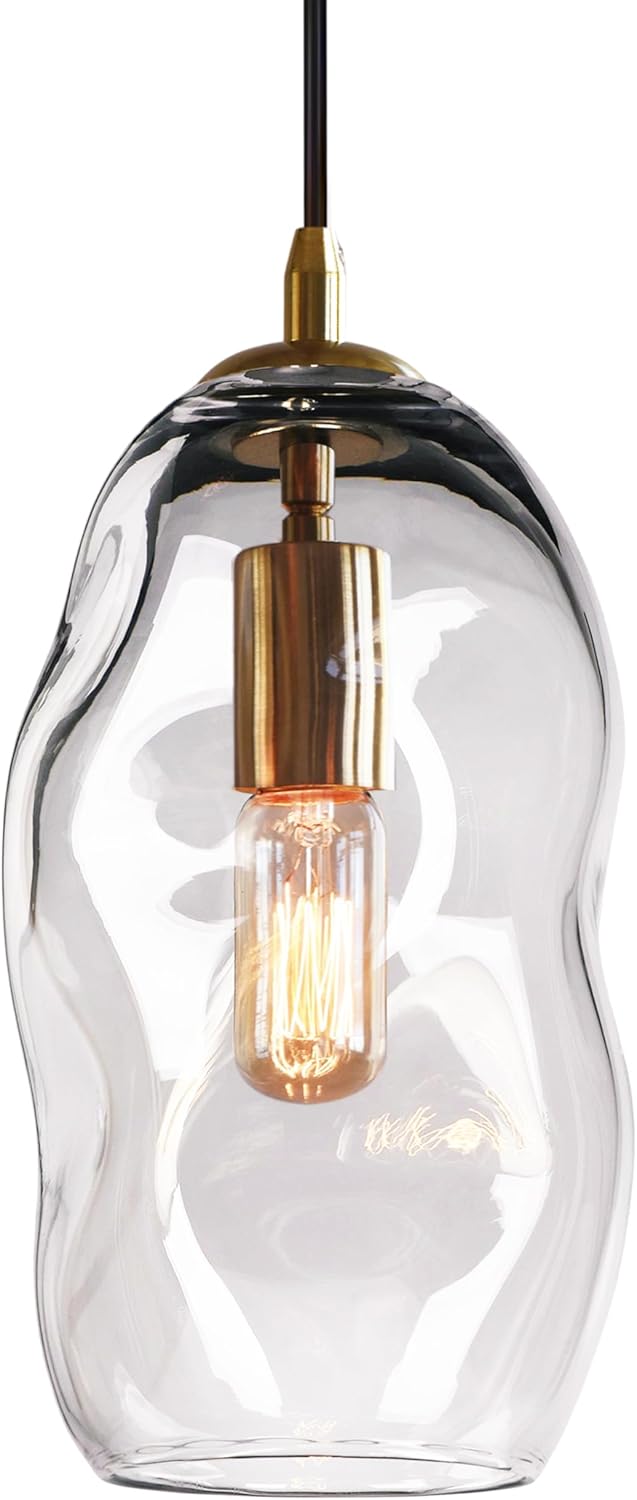 CASAMOTION Pendant Light Fixtures Glass Pendant Lights Kitchen Island Modern Gold Brass Kit Clear Organic Globe Bar Counter Dining Room Large Lamp Shade 12 Inch Height 1 Pack