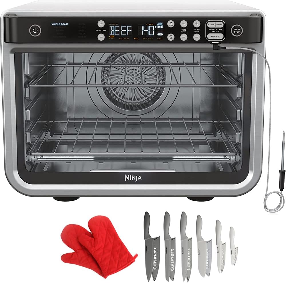 Ninja DT2550 Foodi 10-in-1 Smart XL Air Fry Oven (Renewed) Bundle with Deco Chef Pair of Red Heat Resistant Oven Mitt and Cuisinart Advantage 12-Piece Gray Knife Set with Blade Guards