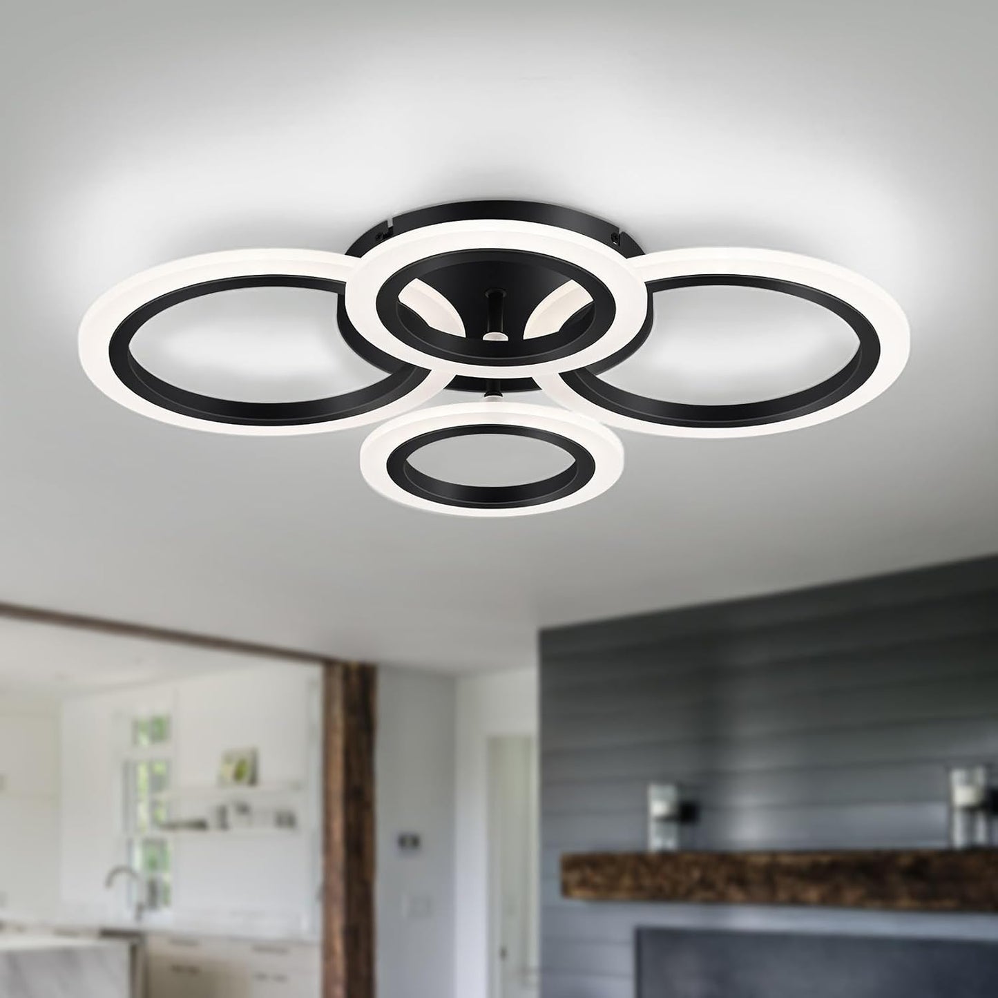 Vikaey Modern LED Flush Mount Ceiling Light, 4 Rings Black Close to Ceiling Light Fixtures, Kitchen Lighting Fixture Ceiling Lamp for Bedroom, Living Room, Laundry Room, 4000K Not Dimmable