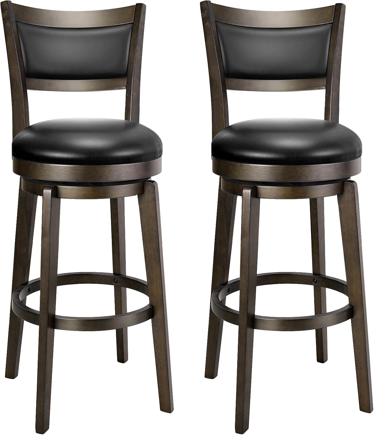 PrimeZone Swivel Bar Stools Set of 2, 30 Inch Bar Height Barstools, Black Faux Leather Bar Stool with High Backrest & Solid Wood Legs & Wrap-Around Footrest, Counter Stools for Kitchen Island, Pub