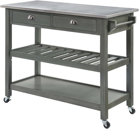HomeStock Coastal Craftsman 3-Tier Stainless Steel Kitchen Cart with Drawers - 20.5" D x 44" W x 35.5" H, Tiered Shelf, 2 Locking & 2 Regular 360-Degree Swivel Caster Wheels Dark Gray
