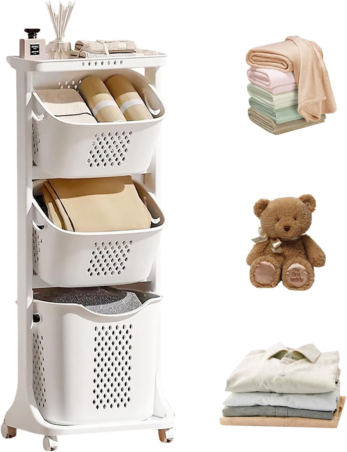 BAOKALER Rolling Laundry Hamper Cart with Wheels, 3 Tier White Laundry Baskets, Clothes Hamper with Portable Storage Baskets for Kitchens, Bathrooms, Bedrooms, Classrooms, Laundry Rooms(75L)