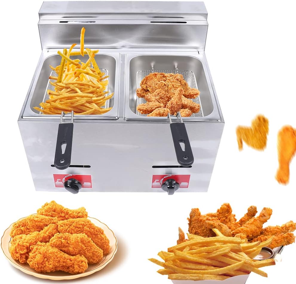 TFCFL Gas Deep Fryer, 6L X 2 Commercial Countertop LPG Kitchen Frying Machine Stainless Steel with 2 Basket and Lids for Restaurants Home