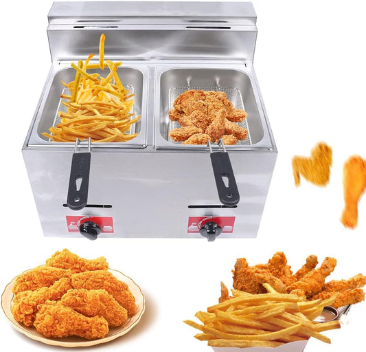 TFCFL Gas Deep Fryer, 6L X 2 Commercial Countertop LPG Kitchen Frying Machine Stainless Steel with 2 Basket and Lids for Restaurants Home