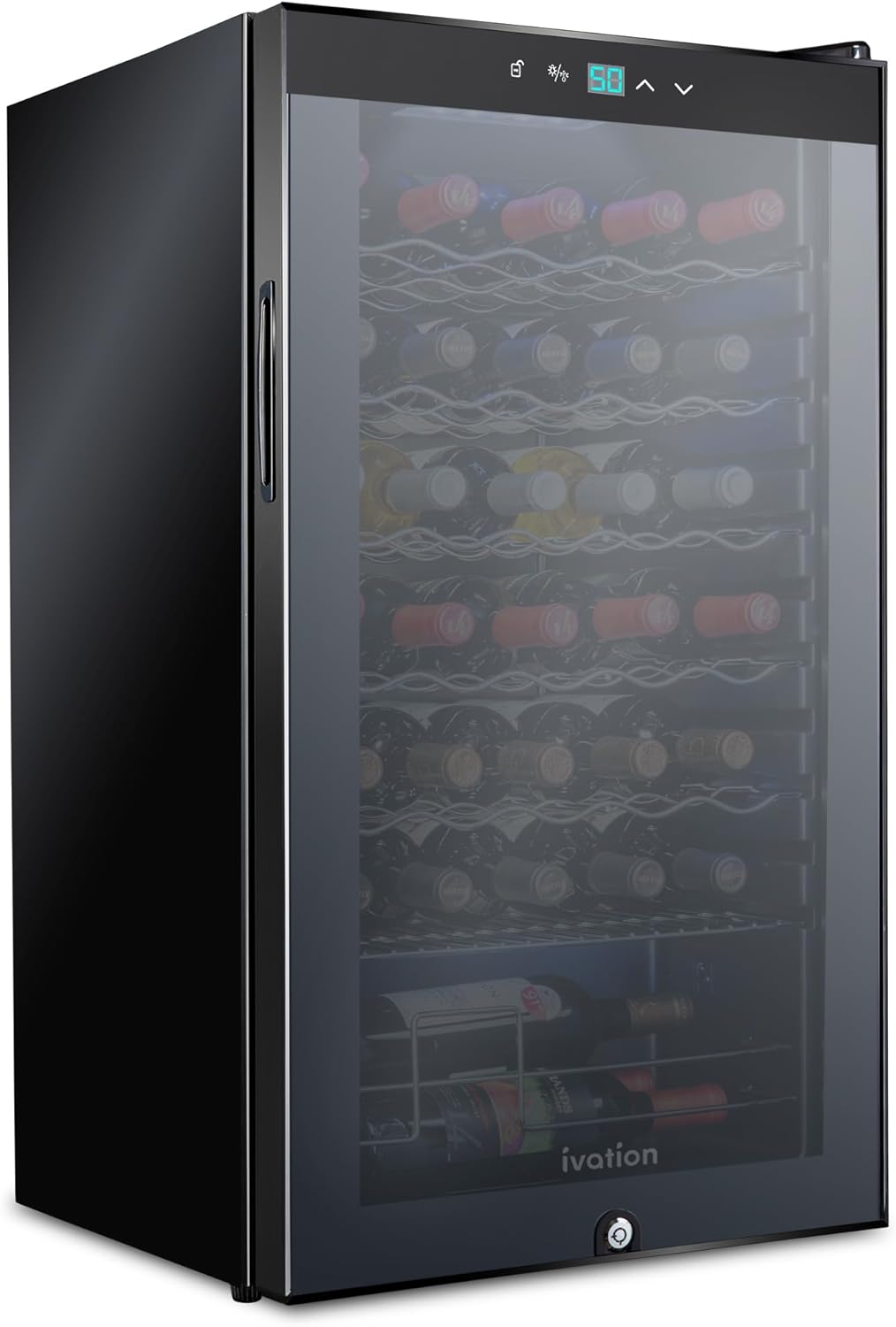 Ivation 34 Bottle Compressor Wine Cooler Refrigerator w\/Lock | Large Freestanding Wine Cellar For Red, White, Champagne or Sparkling Wine | 41f-64f Digital Temperature Control Fridge Glass Door Black